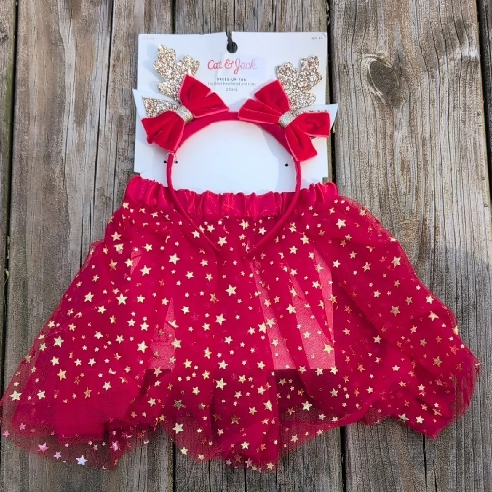 Cat&Jack Dress Up Girls Holiday Reindeer Gold Glitter Head Band And Red Skirt